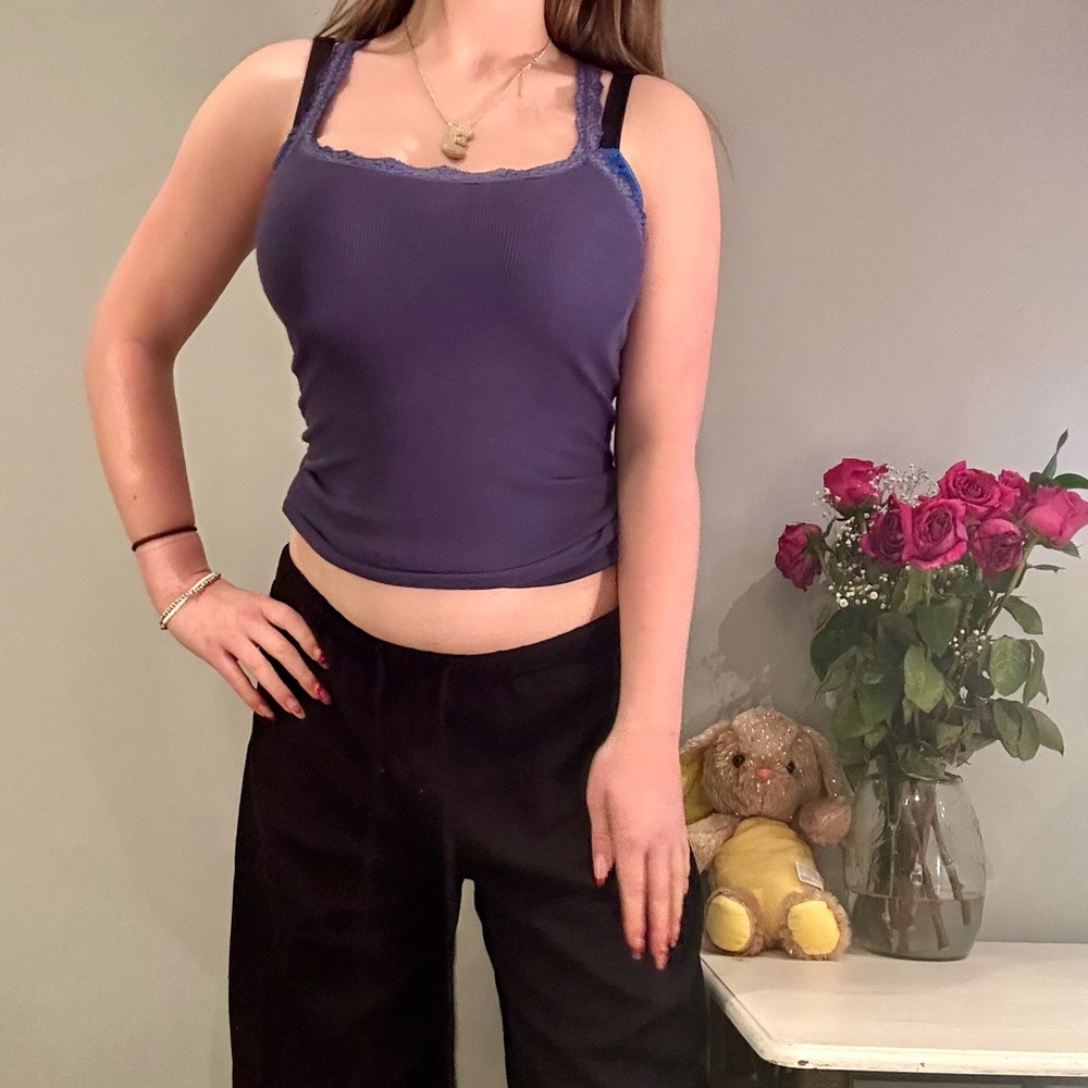 Y2K garage navy blue lace trim tank top